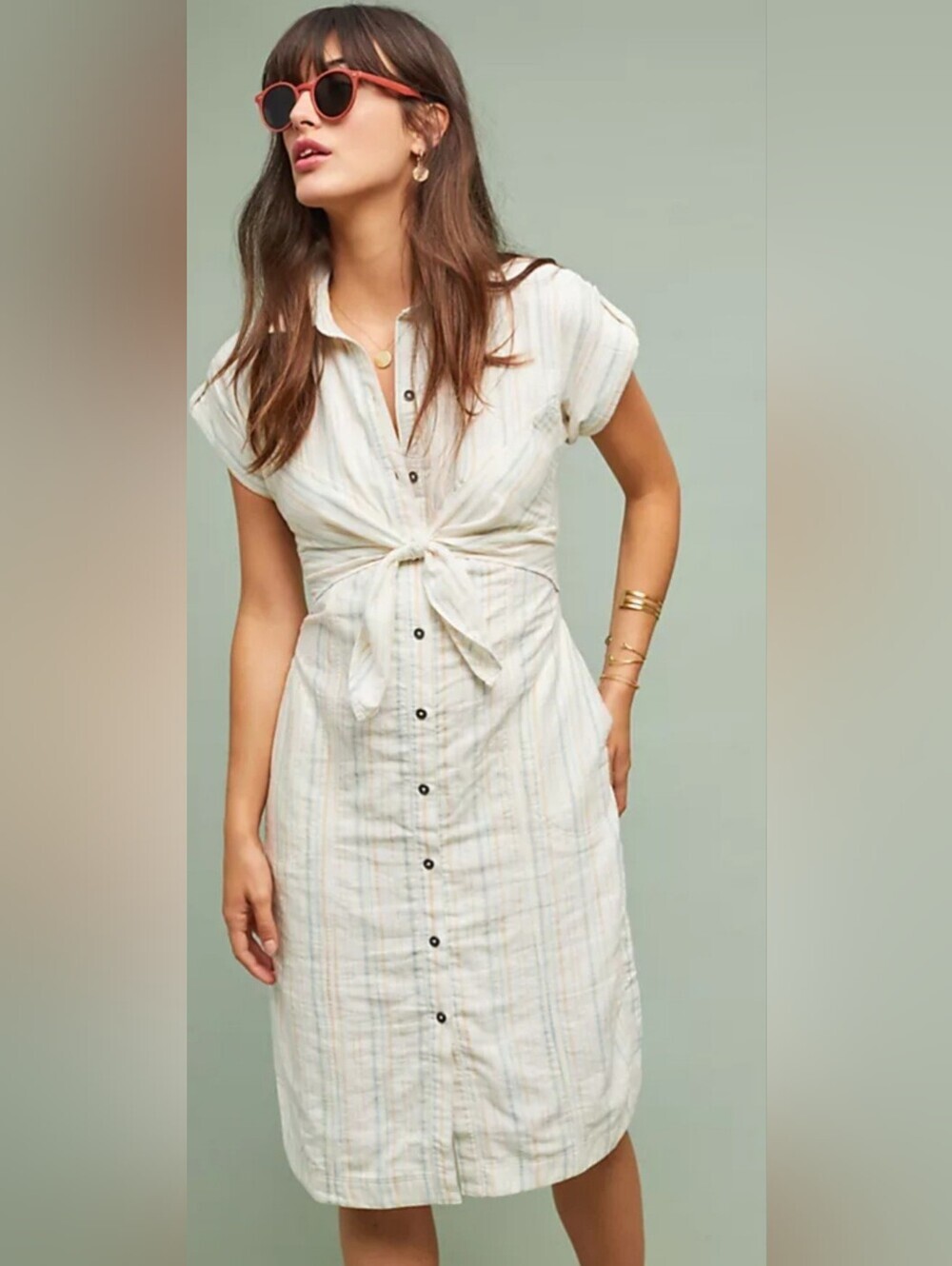 Anthropologie Maeve Striped Tie-Front Shirtdress, VGUC, Size 4